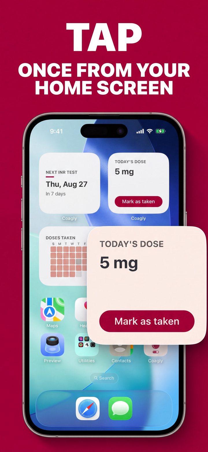 Coagly home screen widgets showing today's warfarin dose and next INR test date