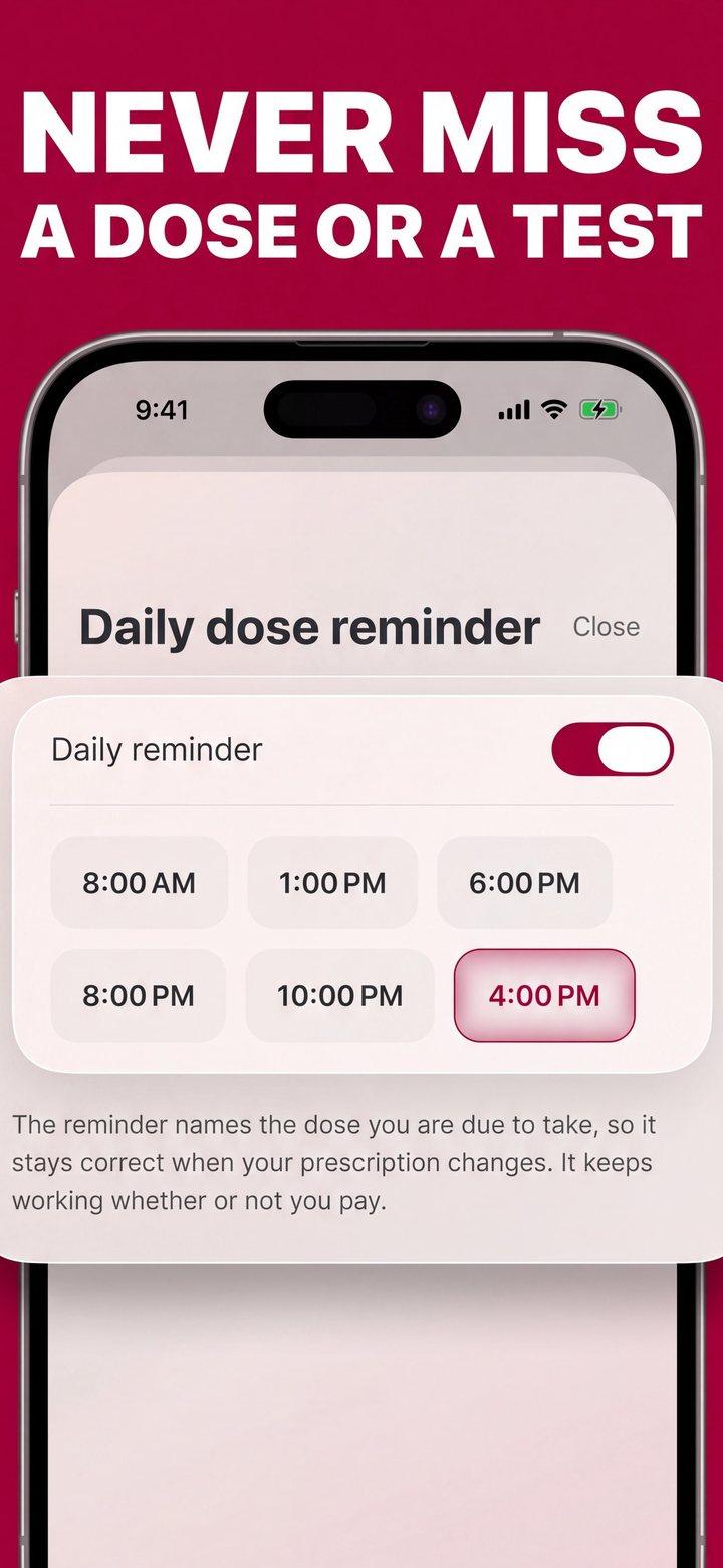 Coagly daily dose reminder settings with reminder times